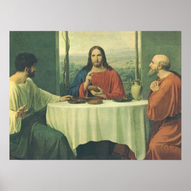 Vintages Abendessen im Emmaus mit Jesus Christus Poster (Vorne)
