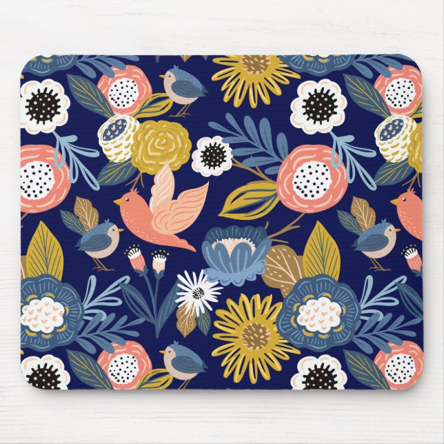 Vintages Abstraktes botanisches Muster und Vogelmu Mousepad (Vorne)