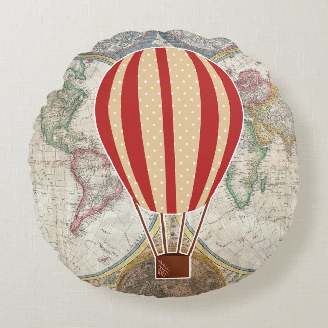 Vintages Adventure Hot Air Ballon Weltkarte Rundes Kissen (Vorderseite)