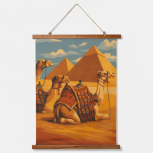 Vintages Ägypten Kamele und Pyramiden - Holzbrücke Wandteppich Mit Holzrahmen