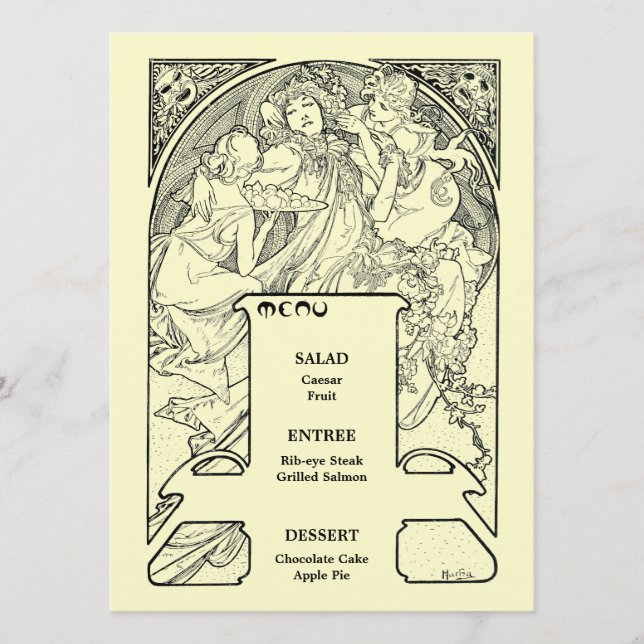 Vintages Alphonse Mucha Jugendstil-Hochzeitsmenü Menükarte (Vorderseite)