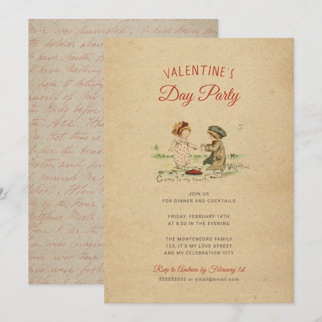 Vintages altmodisches Party des Valentines Einladung (Vorne/Hinten)