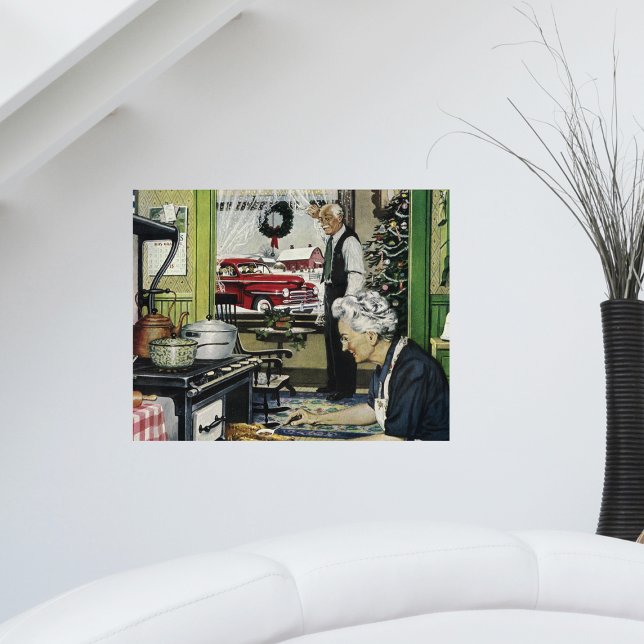 Vintages altmodisches Zuhause Weihnachten Poster (Vintage holiday scene cooking turkey dinner at Grandparents house on a poster.)