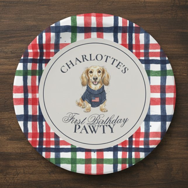 Vintages Amerika Karierte Dackel Erster Geburtstag Pappteller (Celebrate your little one’s special day with this Vintage Americana Plaid Dachshund paper plate!)