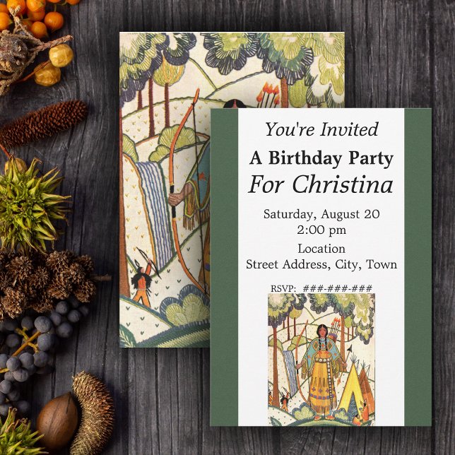 Vintages amerikanisches Frauendorf Geburtstag Einladung (Native american woman forest scene with teepee with embroidered look Birthday party invitations.)