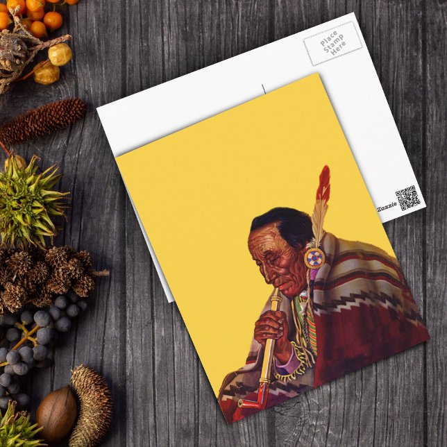 Vintages amerikanisches Kriegerfriedstück Postkarte (Native American with blanket and peace pipe on bright yellow postcard.)