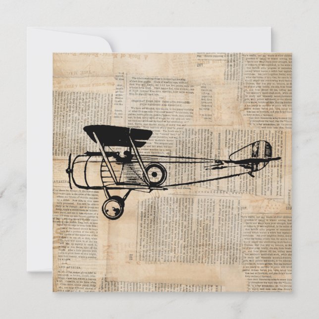 Vintages antikes Flugzeug in Zeitungsschrift Einladung (Vorderseite)