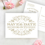 Vintages antikes goldenes Weiß Geblüht Save the Da Save The Date<br><div class="desc">Dekorative Wirbel und Schnörkel umrahmen dieses Vintage inspirierte Hochzeitsgeschenk und sparen das Design der Dattelkarte. Das Farbschema ist weiß und antik.</div>