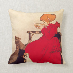 Vintages antikes Mädchen-Katze Theophile Steinlen Kissen