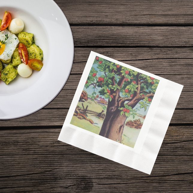 Vintages Apfelbaum-Wiesenfeld Serviette (Apple tree in field by fence on farm on napkins.)