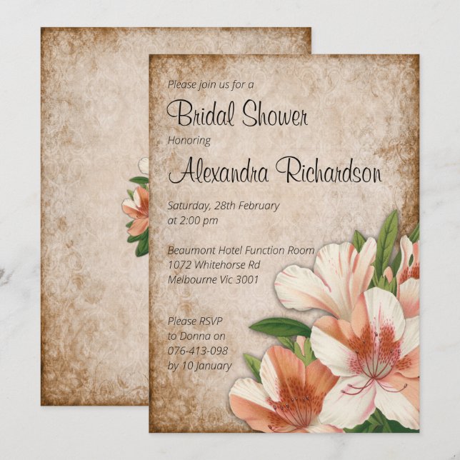 Vintages Apricot Lilies Brautparty Einladung (Vorne/Hinten)