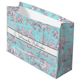 Vintages Aqua-Blue-Toile de jouy Monogram Große Geschenktüte