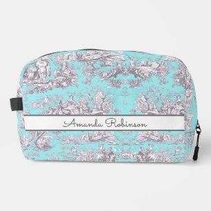 Vintages Aqua-Blue-Toile de jouy Monogram Waschbeutel