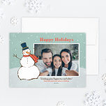 Vintages Aqua Winter Snowman Happy Holidays Foto Feiertagskarte<br><div class="desc">Das Landschaftsbild "Happy Holidays" mit seiner schneebedeckten Winterszene mit abfallenden Schneeflocken und einem glücklichen Schneemann,  der in einem Hut und Schal gekleidet ist. Personalisieren Sie mit Ihrem Foto und kundenspezifische Gruß unten. Vintages Aqua-Blau / Grün,  Orange / Rot und Weiß-Design mit marineblau und braun Akzenten Farben.</div>