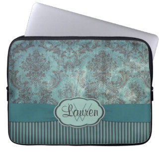 Vintages aquamarines Damastmonogramm Laptopschutzhülle