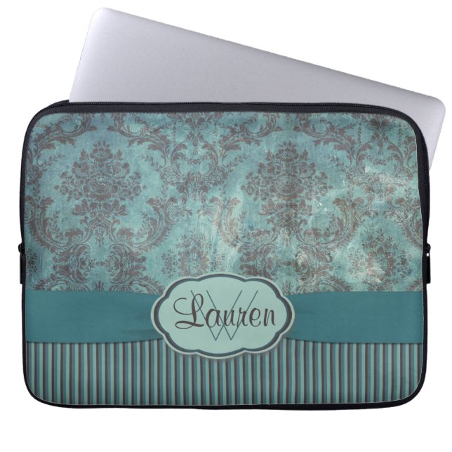 Vintages aquamarines Damastmonogramm Laptopschutzhülle (Vorderseite)