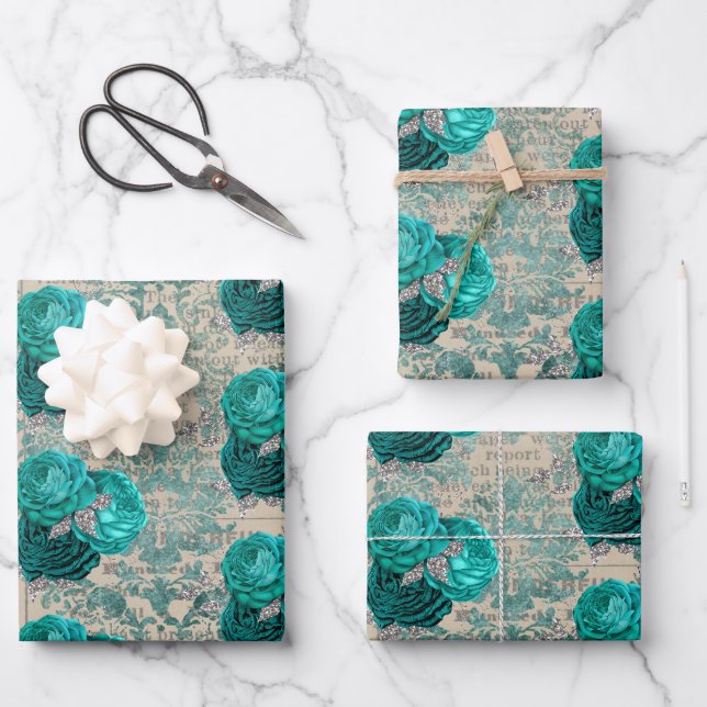 Vintages Aquamarines Muster für die Flora des Dama Geschenkpapier Set (Vorderseite)
