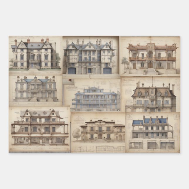 Vintages architektonisches Ephemera-Dekoupage Geschenkpapier Set (Vorderseite)
