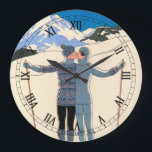 Vintages Art Deco, Liebhaber des Schnees von Georg Große Wanduhr<br><div class="desc">Vintage Illustration Kunst Deko Liebe und Romantik Design mit einem Mann und eine Frau Küssen auf den Pisten eines schönen Resorts. Ein junges Paar im Urlaub küsst im Winter auf einem schneebedeckten Berg. L'Hiver (alias Winter: Lovers in the Snow) von George Barbier,  1925.</div>