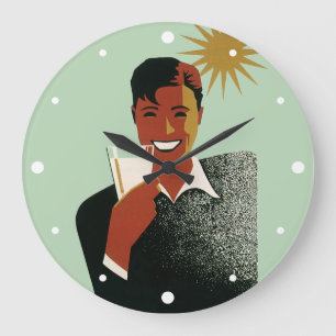 Vintages Art Deco, Mann mit Cocktail in der Sonne Große Wanduhr