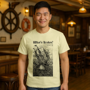 Vintages Ätzen von Riesenkraken und Schiffen T-Shirt