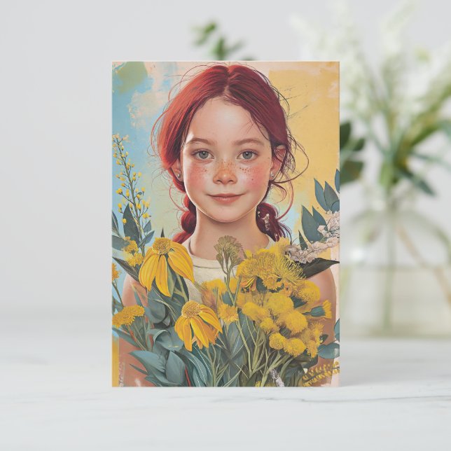 Vintages australisches Rotkopfmädchen mit Blume Karte (Stehend Vorderseite)