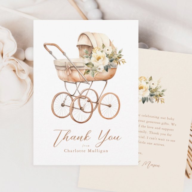 Vintages Baby Carriage Gender Neutral Baby Dusche Dankeskarte (Vintage baby carriage gender neutral baby shower thank you cards.)