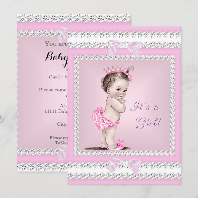 Vintages Baby Duschmädchen Hübsch Pink Einladung (Vorne/Hinten)