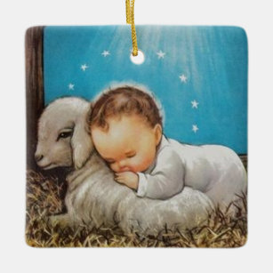 Vintages Baby Jesus schläft mit einem Lamm Keramikornament