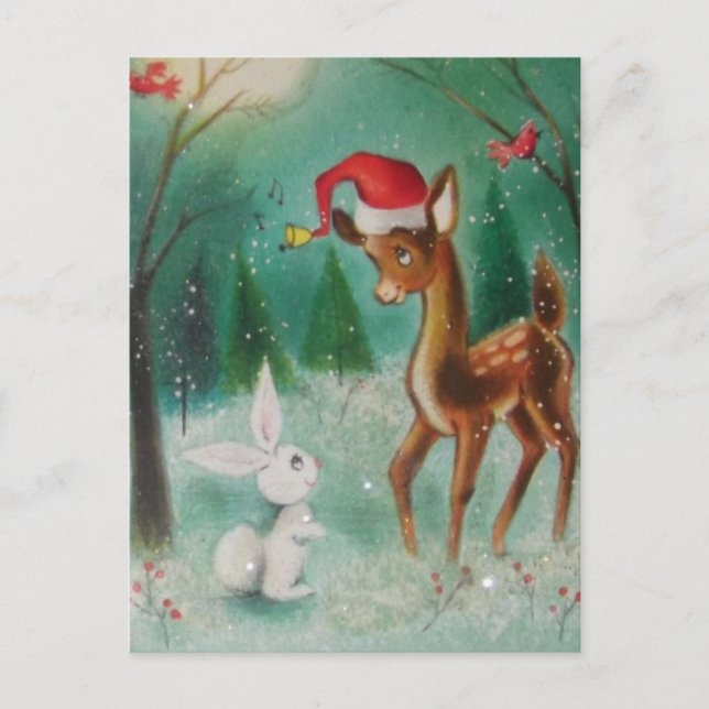 Vintages Baby Weihnachtshirsch und sonnig Feiertagspostkarte (Vorderseite)