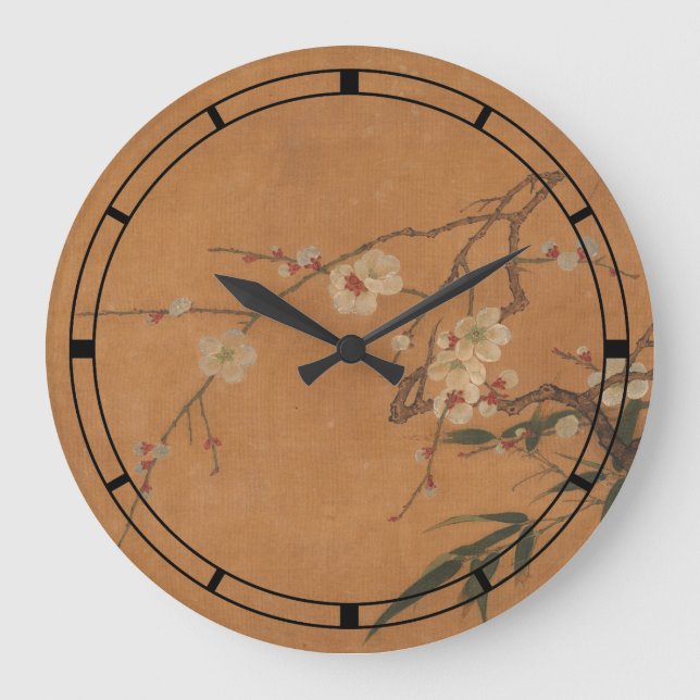 Vintages Bambus und Blüten Orientale Kunst Große Wanduhr (Vorderseite)