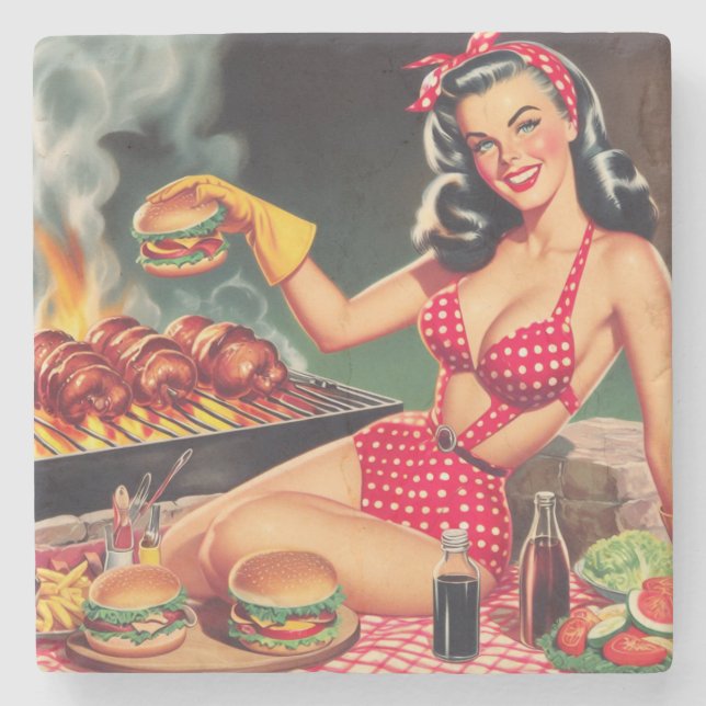 Vintages Barbecue-Button Steinuntersetzer (Vorderseite)