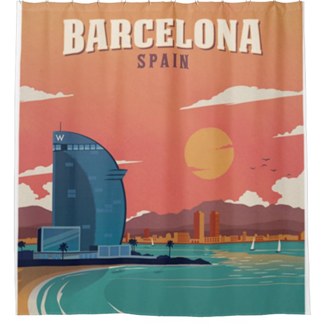 Vintages Barcelona Beach Poster Duschvorhang (Vorderseite)