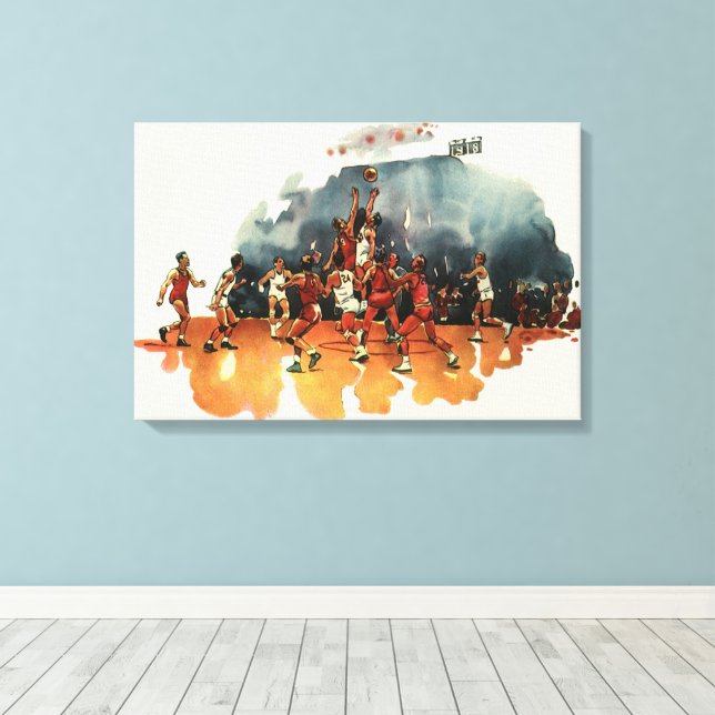 Vintages Basketballspiel, Basketballspieler Leinwanddruck (Insitu (Holzboden))