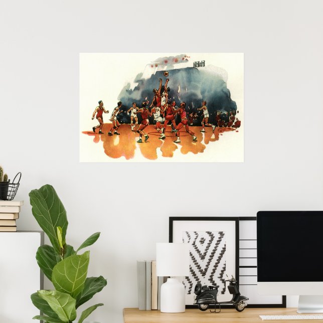 Vintages Basketballspiel, Basketballspieler Poster (Heimbüro)