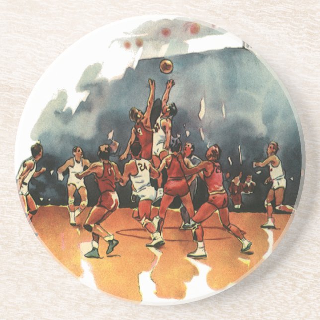Vintages Basketballspiel, Basketballspieler Sandstein Untersetzer (Vorne)