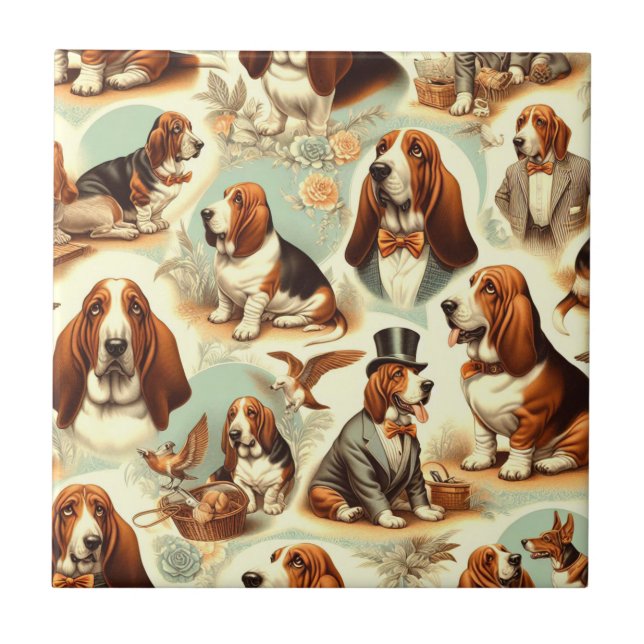 Vintages Basset Hound Nahtlose Illustration Fliese (Vorderseite)