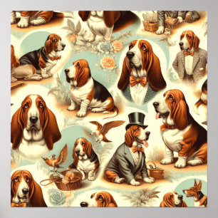 Vintages Basset Hound Nahtlose Illustration Poster