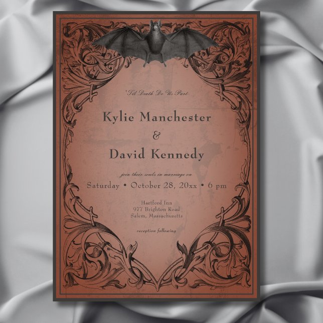 Vintages Bat bis zum Todestraffen Einladung (Vintage Bat Until Death Rust Wedding Invitation)