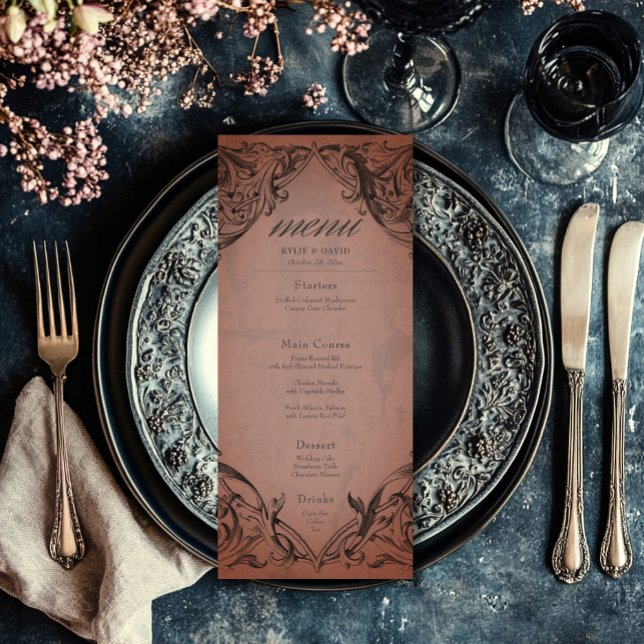 Vintages Bat bis zum Todestraffen Menükarte (Vintage Bat Until Death Rust Wedding Menu)