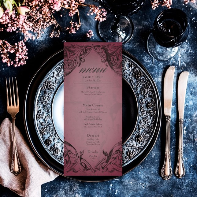 Vintages Bat-to-Death-Burgund-Hochzeit Menükarte (Vintage Bat Until Death Burgundy Wedding Menu)
