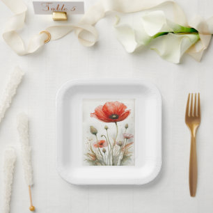 Vintages Bauernhaus Dekor Roter Mohn Garten Blume Pappteller