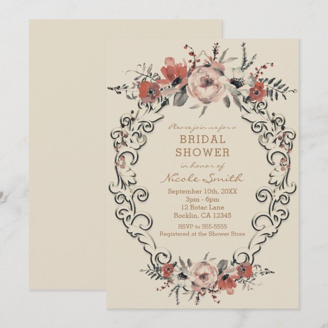 Vintages Beige Botanisches Brautparty Einladung (Vorne/Hinten)