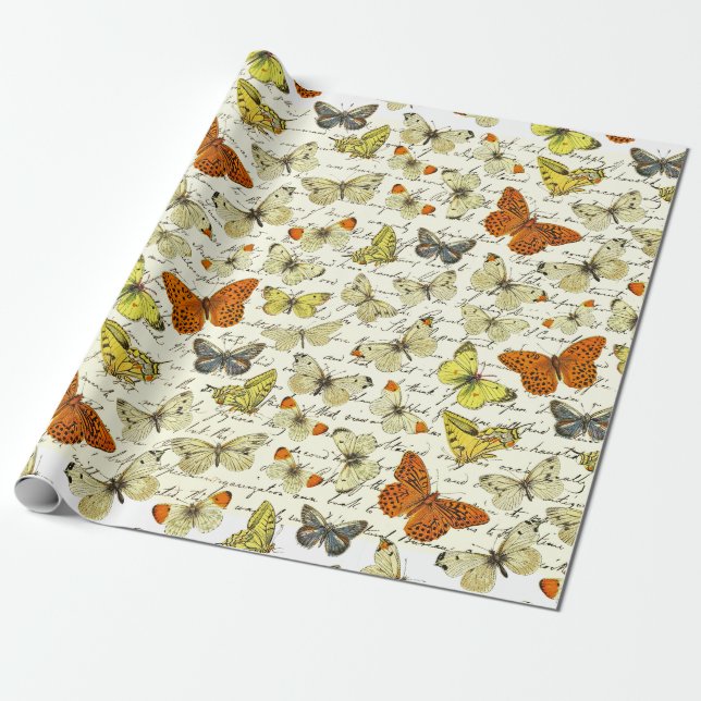 Vintages Beige-Gelbes Schmetterlingsmuster Geschenkpapier (Ungerollt)