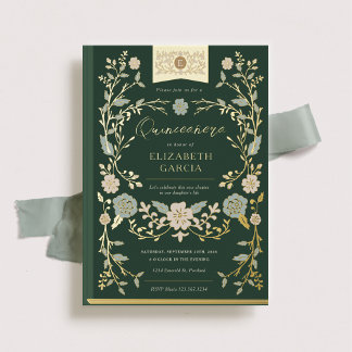 Vintages Bibliotheksbuch Elegant Green Quinceñera Folieneinladung