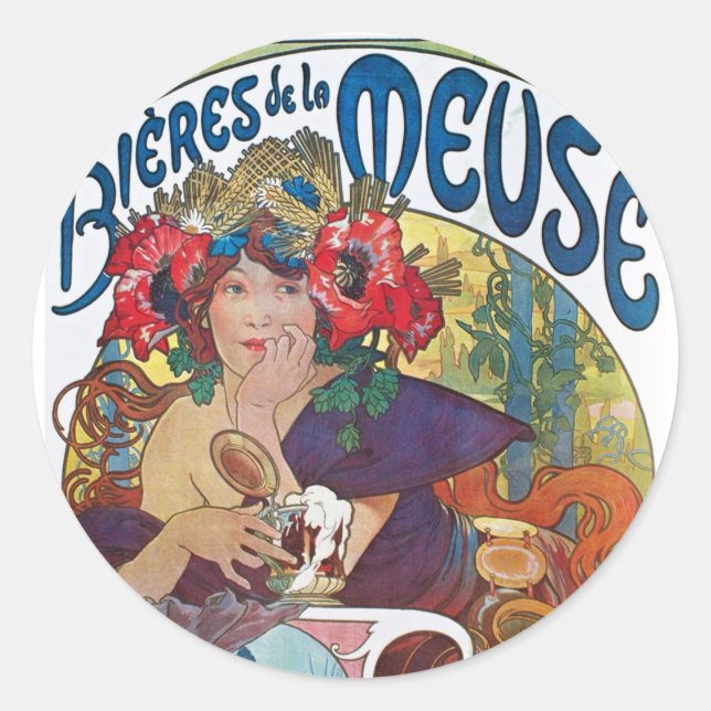 Vintages Bier Jugendstil Alphonse Mucha Runder Aufkleber (Vorderseite)