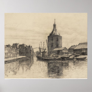Vintages Bild, Bleistiftskizze, Enkhuizen Hafen Poster