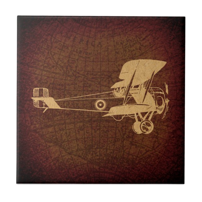Vintages Biplane Flugzeug Antiflugzeug mit Karte Fliese (Vorderseite)