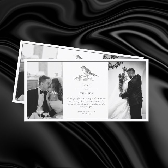 Vintages Bird Black and White Wedding Foto Dankeskarte (Von Creator hochgeladen)