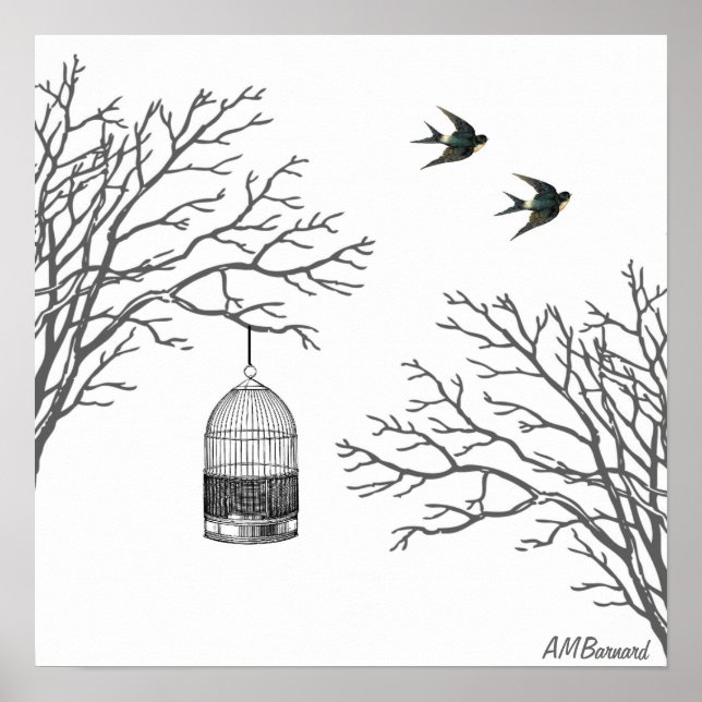 Vintages Birdcage Bare Branch Schlucken Poster (Vorne)
